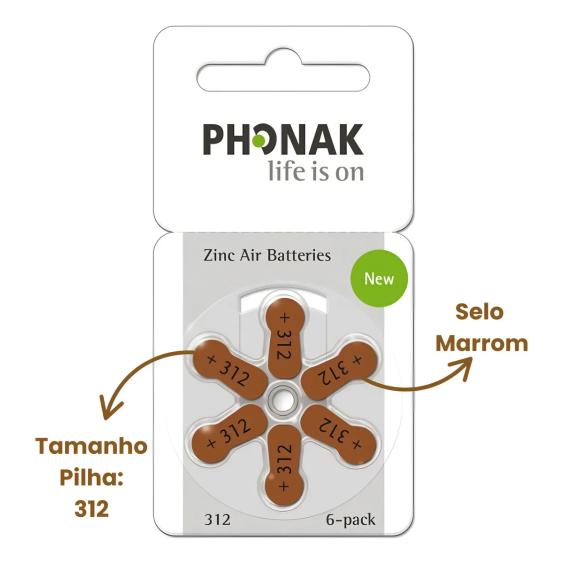 Pilha Bateria Aparelho Auditivo 312 A 6 Unidades Phonak